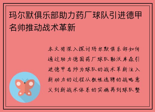 玛尔默俱乐部助力药厂球队引进德甲名帅推动战术革新