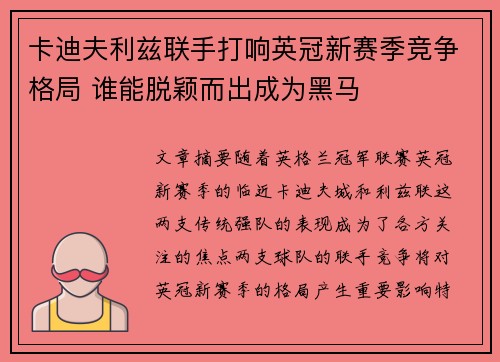 卡迪夫利兹联手打响英冠新赛季竞争格局 谁能脱颖而出成为黑马