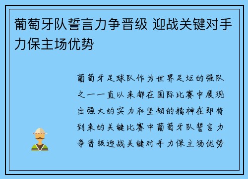 葡萄牙队誓言力争晋级 迎战关键对手力保主场优势