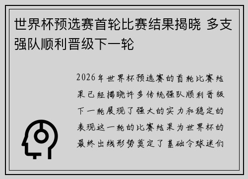 世界杯预选赛首轮比赛结果揭晓 多支强队顺利晋级下一轮