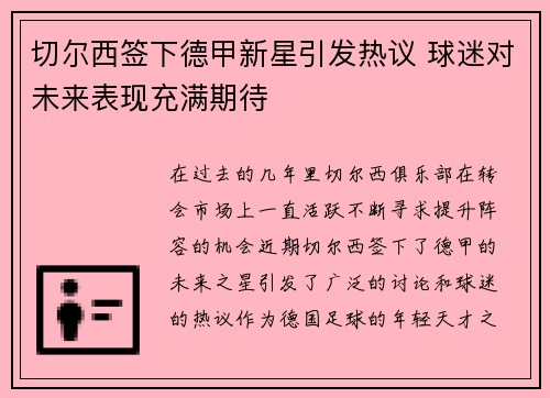 切尔西签下德甲新星引发热议 球迷对未来表现充满期待