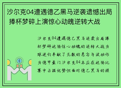 沙尔克04遭遇德乙黑马逆袭遗憾出局 捧杯梦碎上演惊心动魄逆转大战