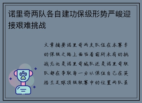 诺里奇两队各自建功保级形势严峻迎接艰难挑战